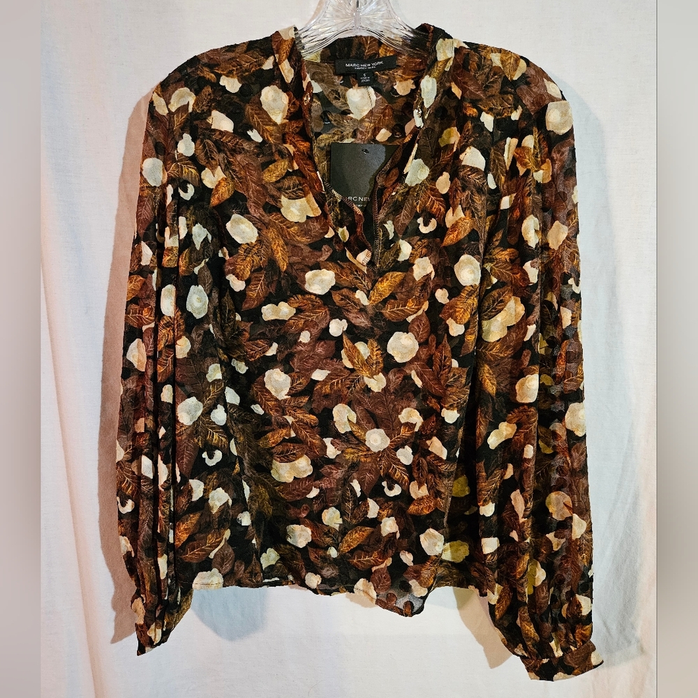 Marc New York V-Neck Balloon Sleeve Leaf Print Blouse Brown & Cream Size Small